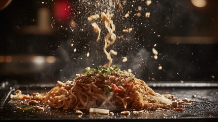 Cooking yakisoba on black plate