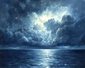Fototapeta premium moonlit storm at sea with powerful lightning illuminating dense cloud cover