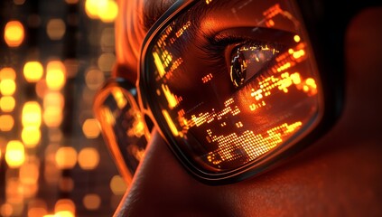 Futuristic glasses reflecting data stream on eye.