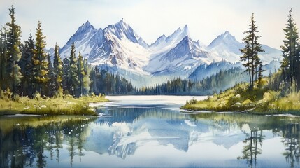 Serene mountain lake reflecting snow-capped peaks and evergreen forest.