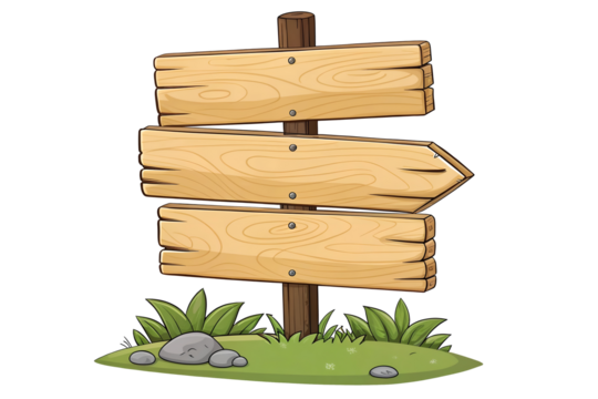 A wooden post with three blank directional arrow signs