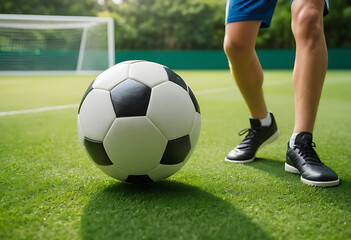 Soccer Ball on Green Field with Model in Action, Natural Light Outdoor Setting