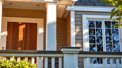 Fototapeta premium Elegant Home Exterior with Modern Design and Spacious Porch. High-quality image showcasing beautiful architecture, landscaping, and sunlight details.