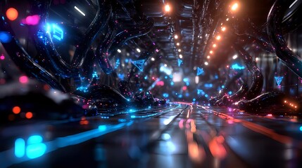 cyberpunk neon cityscape corridor - 3d render - cyberpunk