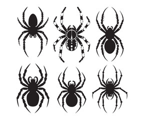 Silhouettes of black spiders. Halloween decorations. Vector collection of spiders.