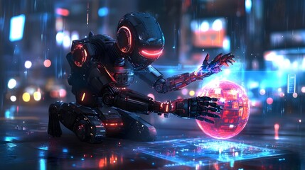 cyberpunk robot manipulating energy orb - cyberpunk aesthetic