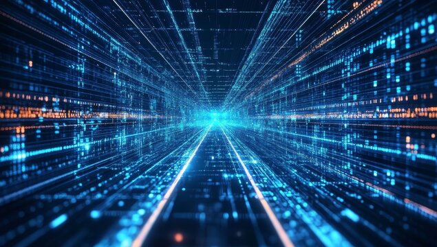 Abstract digital data stream tunnel, glowing lines and code.