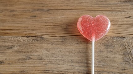 Fototapeta premium Heart shaped lollipop with edible glitter on wooden surface for sweet celebrations
