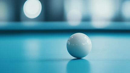 Cue Ball on Blue Pool Table: A single, pristine white cue ball rests on a vibrant teal pool table, ready for the next shot. The shallow depth of field emphasizes the ball.