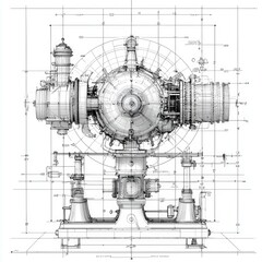 Intricate Industrial Machine Blueprint: Detailed Engineering Design and Technical Drawing. A Precise Mechanical System Illustration, Showing Complex Components and Assembly Plan.