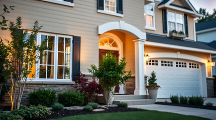 Fototapeta premium Luxury Dream Home Exterior at Dusk: Modern Architecture, Landscaping, and Elegant Design