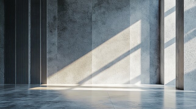 Spacious modern kitchen interior featuring a minimalist concrete wall and large windows casting dramatic shadows on the polished floor