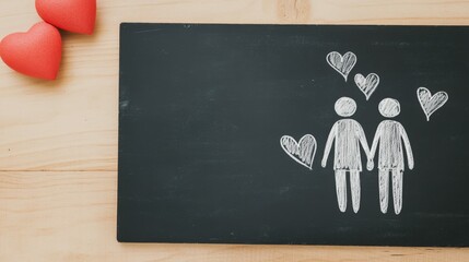 Romantic love note doodle on blackboard with couple holding hands surrounded by hearts