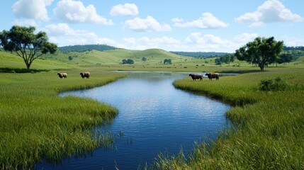 Fototapeta premium Cattle Grazing by the River