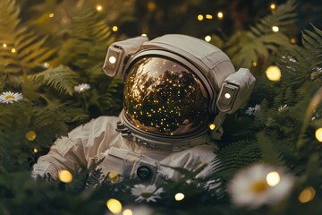Astronaut exploring a lush forest, surrounded by flowers and glowing lights, symbolizing the intersection of space exploration and natures beauty.