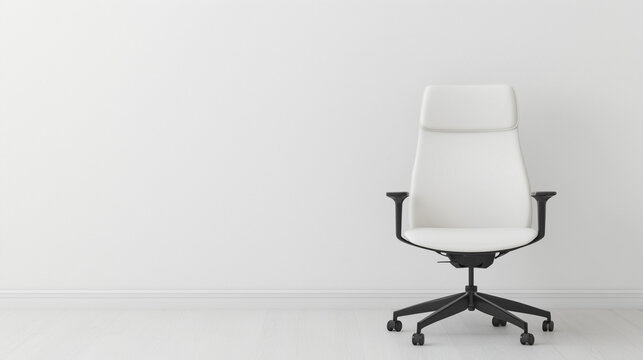 Minimalist Office Chair: A sleek white office chair with a black base stands alone against a minimalist backdrop. It embodies contemporary design, professionalism, and a sense of readiness. 
