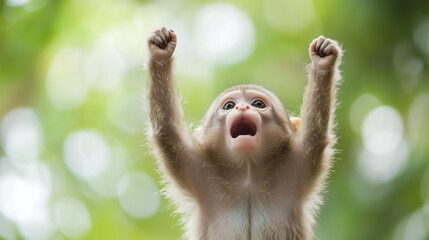 Fototapeta premium Tiny Monkey's Triumphant Roar: A playful baby monkey throws its arms in the air and lets out a joyous roar, its fur shining in the dappled sunlight.