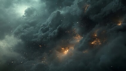 Obraz premium Dramatic dark storm clouds with lightning and debris.