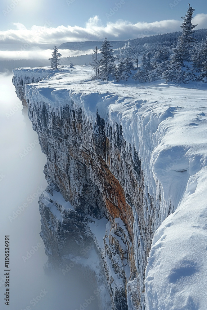 Poster Snow covered cliff overlooking a winter forest landscape