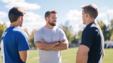 Coach's Guidance: Three young athletes engage in a focused discussion with their coach on a sunny field,  a testament to the power of mentorship, strategy, and the pursuit of athletic excellence.