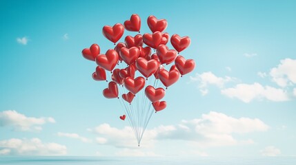 A whimsical Valentine's Day composition featuring floating heart-shaped balloons in a blue sky, light and airy, perfect for a greeting card, copyspace included, artistic editorial style, no trademarks