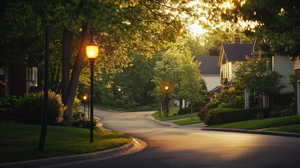 Obraz premium A peaceful neighborhood with streetlights still glowing as the early morning sun rises.