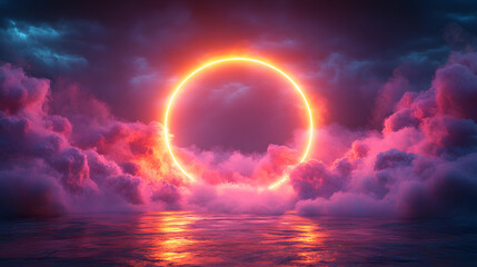 A glowing orange circle is floating in the sky above a body of water. The circle is surrounded by a cloud of smoke, giving the impression of a fiery explosion. The scene is both beautiful and ominous