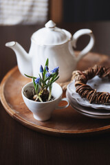 spring at country house kitchen. Seasonal rustic  home decor with muscari and teapot