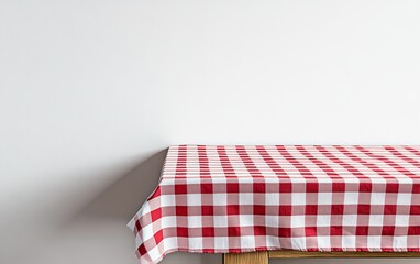 Red and white checkered tablecloth on wooden table against white wall. (1)