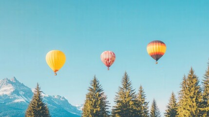 Obraz premium Colorful hot air balloons soaring over scenic mountain landscape