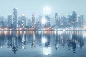Cityscape with moon and reflection in water. AI generative. .