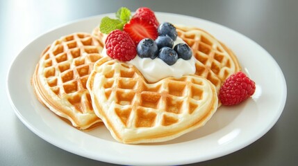Delicious heart-shaped waffles with fresh berries and cream for a cozy breakfast delight