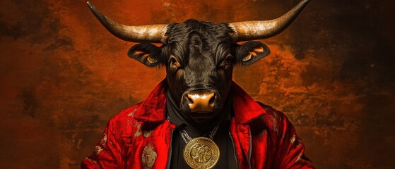 Bull mask, cryptocurrency enthusiast in red jacket showcasing confidence in digital finance and trading trends. Symbolizing market strength and investment.