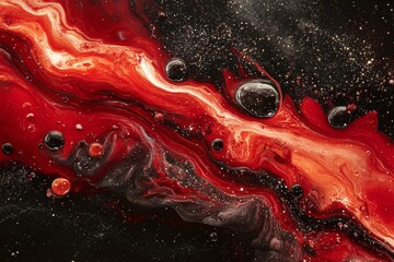 Abstract red and black fluid art with bubbles and glitter.