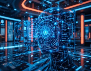 Fototapeta premium Futuristic Robotic Head Displays Digital Information Interfaces