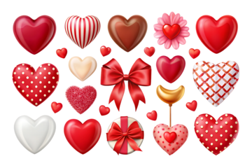 Collection of red hearts with a bow and a yellow stick. Isolated, on transparent background. PNG