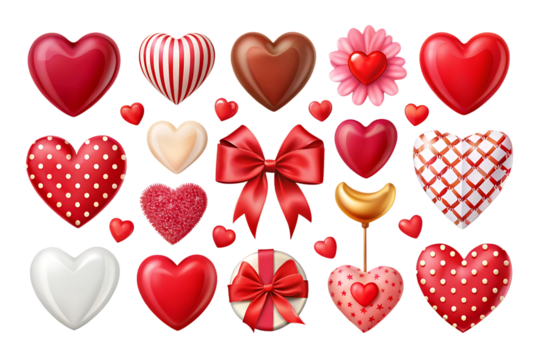 Collection of red hearts with a bow and a yellow stick. Isolated, on transparent background. PNG