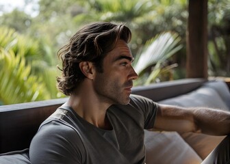 Portrait of a Sweaty Man Relaxing Outdoors in a Tropical Setting