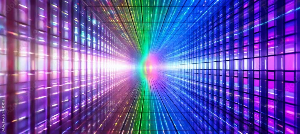 Poster Metaverse portal virtual space technology background with colorful matrix data flow. Fast speed motion effect. Generative video AI technology.