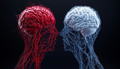 Two stylized brains, one red and one blue, face each other against a dark background, symbolizing contrasting thoughts or emotions.