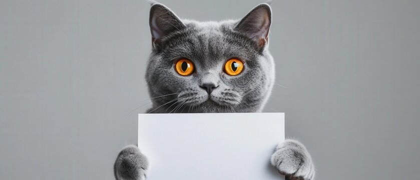 Cat holding blank sign, looking at the camera with curious expression, ideal for pet-related content, social media posts, or humor in marketing.