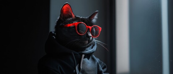 Cat wearing red glasses and a black hoodie, sitting in a dimly lit room, creating a stylish and modern vibe with a touch of humor and personality.