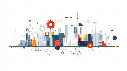 Fototapeta premium Abstract cityscape of a smart city with interconnected buildings and technological elements. Ideal for urban development, architecture, and technology concepts.