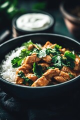 Chicken curry served on a bed of rice, garnished with fresh coriander, accompanied by a bowl of yogurt, showcasing traditional cuisine and food presentation.