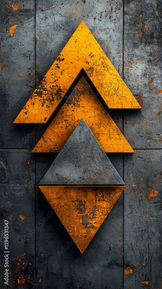 Poster sharp triangles in vibrant golden yellow are layered against a textured metal surface with a mix of 