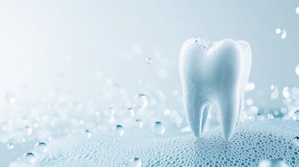 White healthy tooth on alight blue background with transparent water bubbles, dentist day. Symbol of oral hygiene and dental health