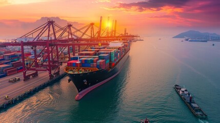 Obraz premium A large cargo ship loaded with colorful containers pulls away from a harbor dock at sunset. AI generative. .