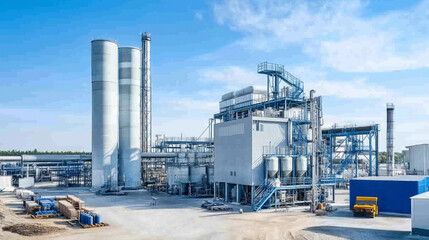 Industrial Complex under Blue Sky: A sprawling industrial complex, a testament to modern engineering and manufacturing prowess, stands under a vibrant blue sky.