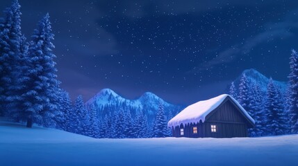 Tranquil winter cabin under starry night sky in snow-covered mountain landscape