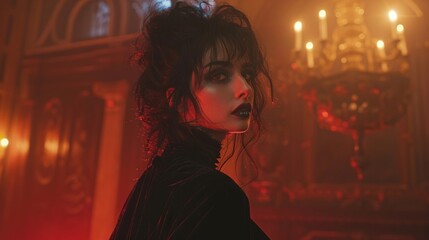 Fototapeta premium A woman with dark hair and red lipstick stands in a dimly lit room with candles in the background. AI generative. .